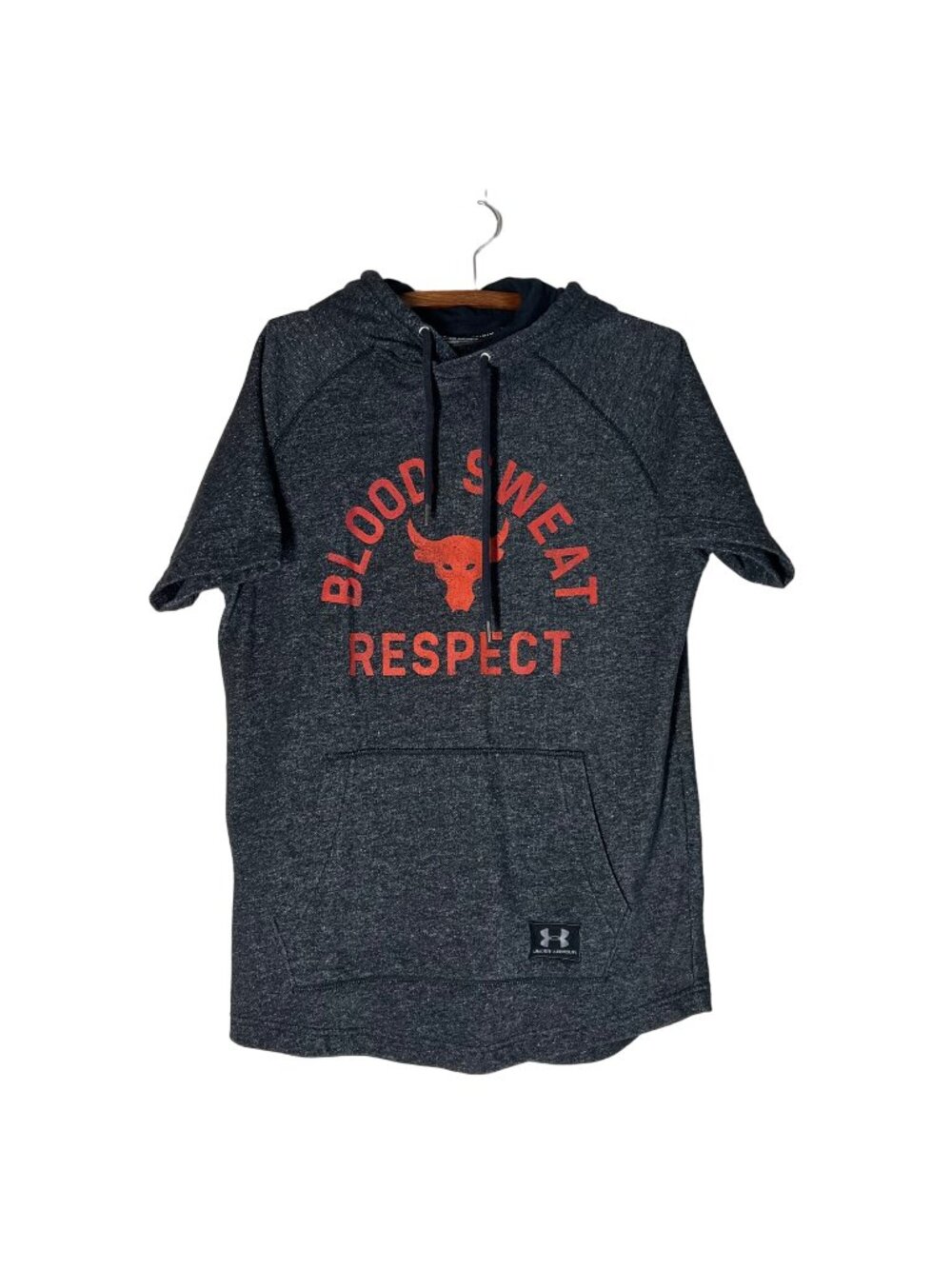 Under Armour Project Rock Short Sleeve Hooded Sweatshirt Blood Sweat Respect M